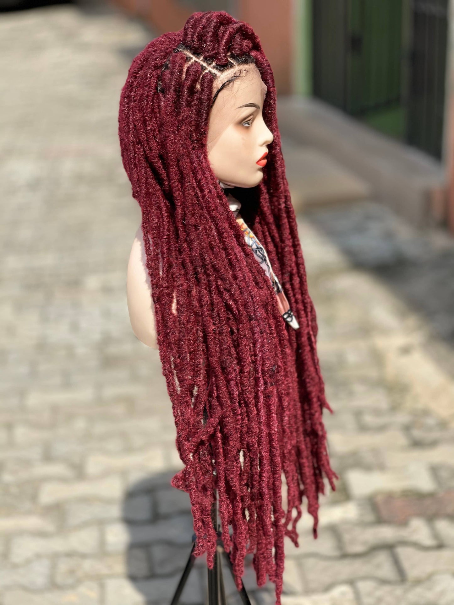 36-inch Long Wine Distressed Faux Locs Lace Front Braided Wig
