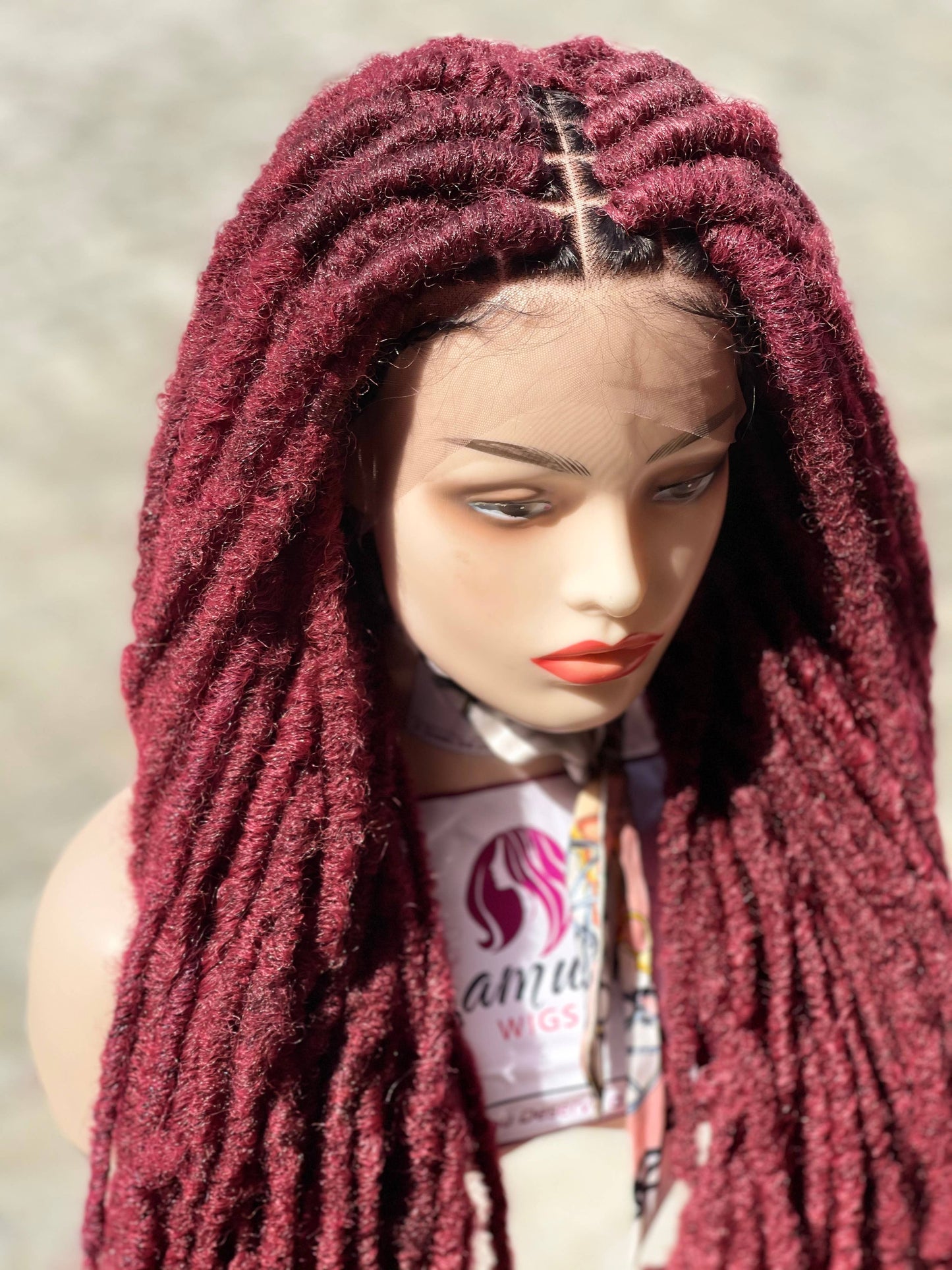 36-inch Long Wine Distressed Faux Locs Lace Front Braided Wig