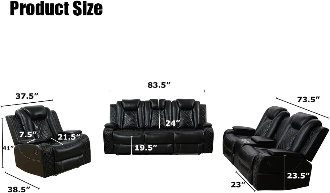 Modern 3-Piece Black Leather Power Recliner Sofa Set with LED & Console