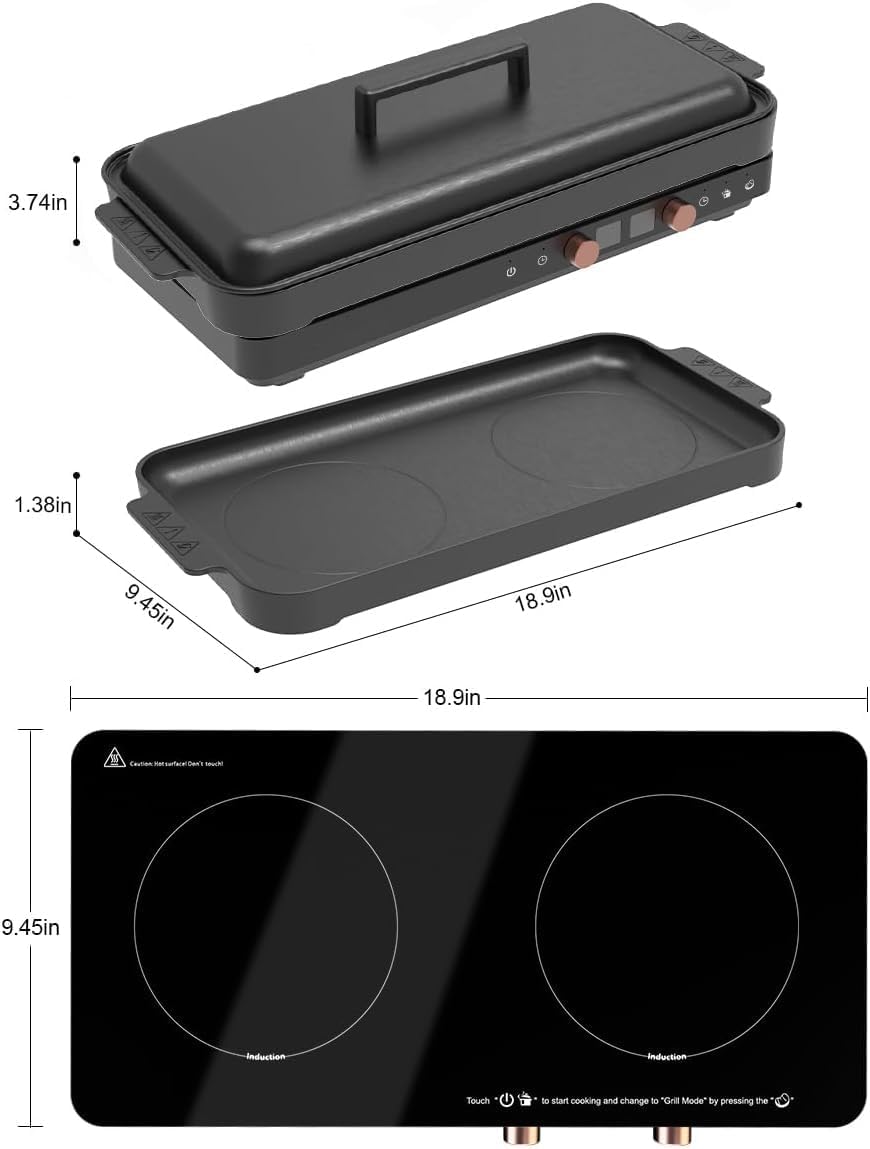 Portable Dual Induction Cooktop with Griddle Pan, Digital Timer Control