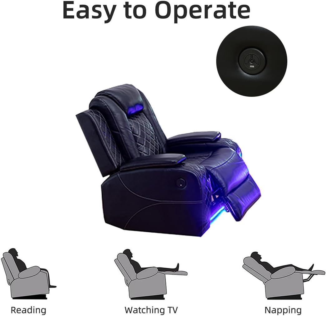 Modern 3-Piece Black Leather Power Recliner Sofa Set with LED & Console