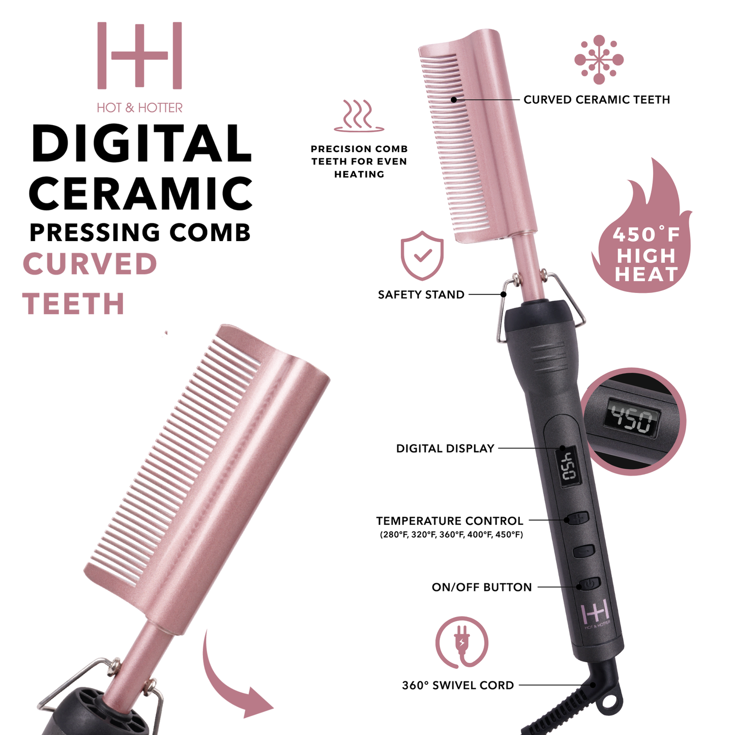 Hot & Hotter Digital Ceramic Pressing Comb with Curved Teeth for Frizz-Free Styling
