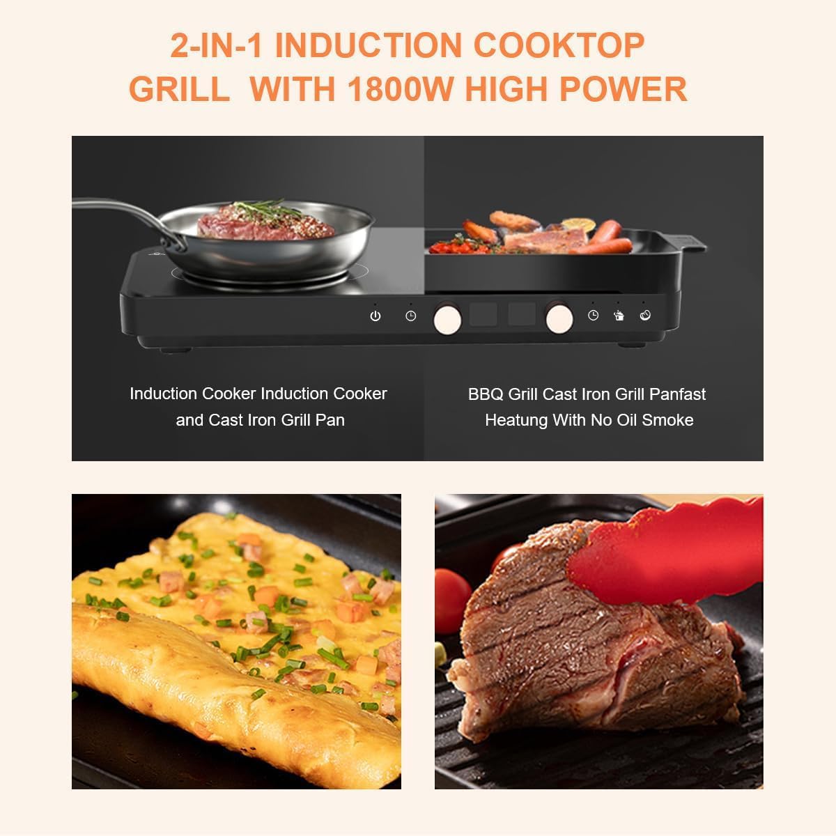 Portable Dual Induction Cooktop with Griddle Pan, Digital Timer Control