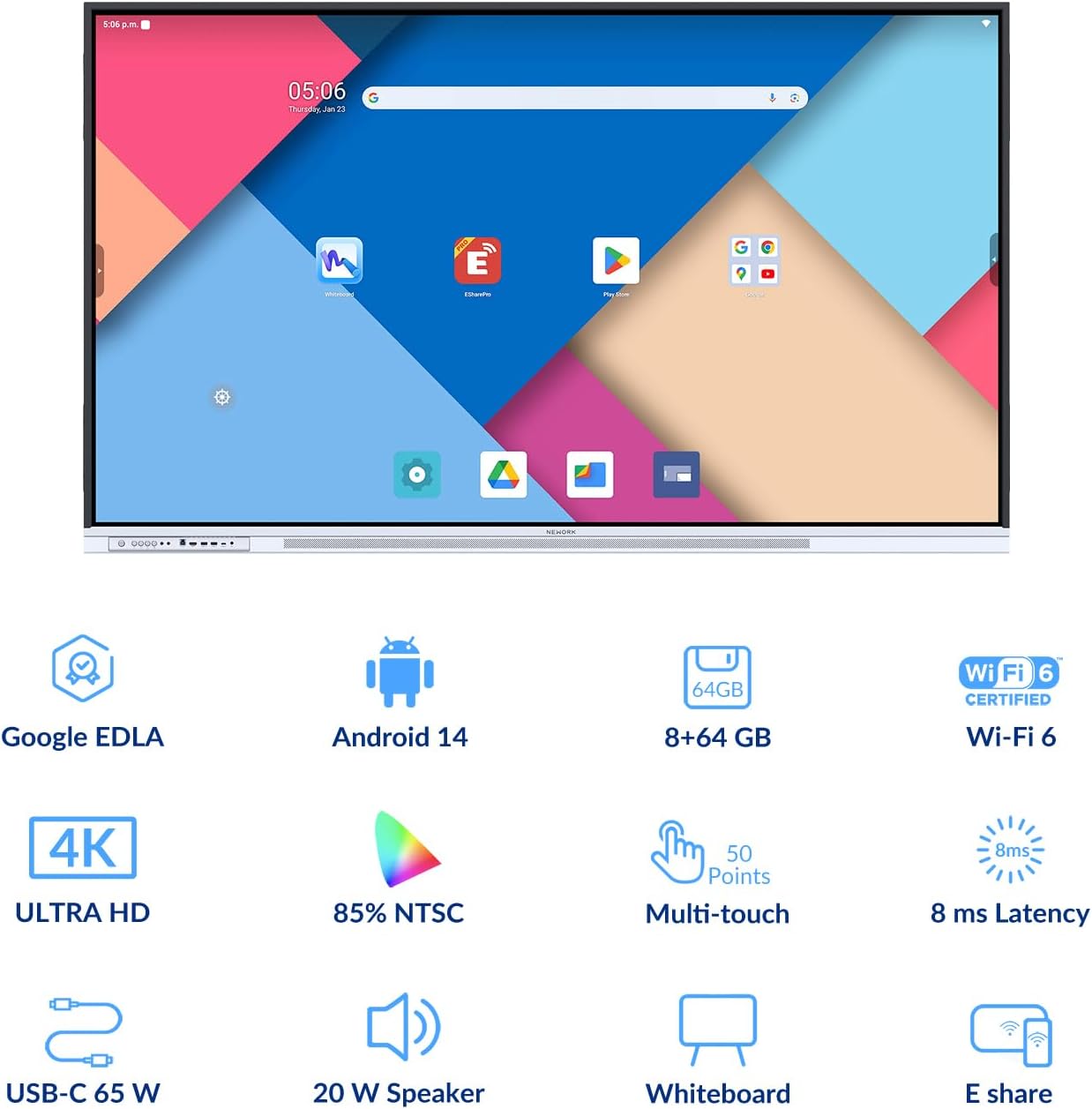 75 Inch 4K Google EDLA Smart Interactive Whiteboard Android 14 Wireless Casting