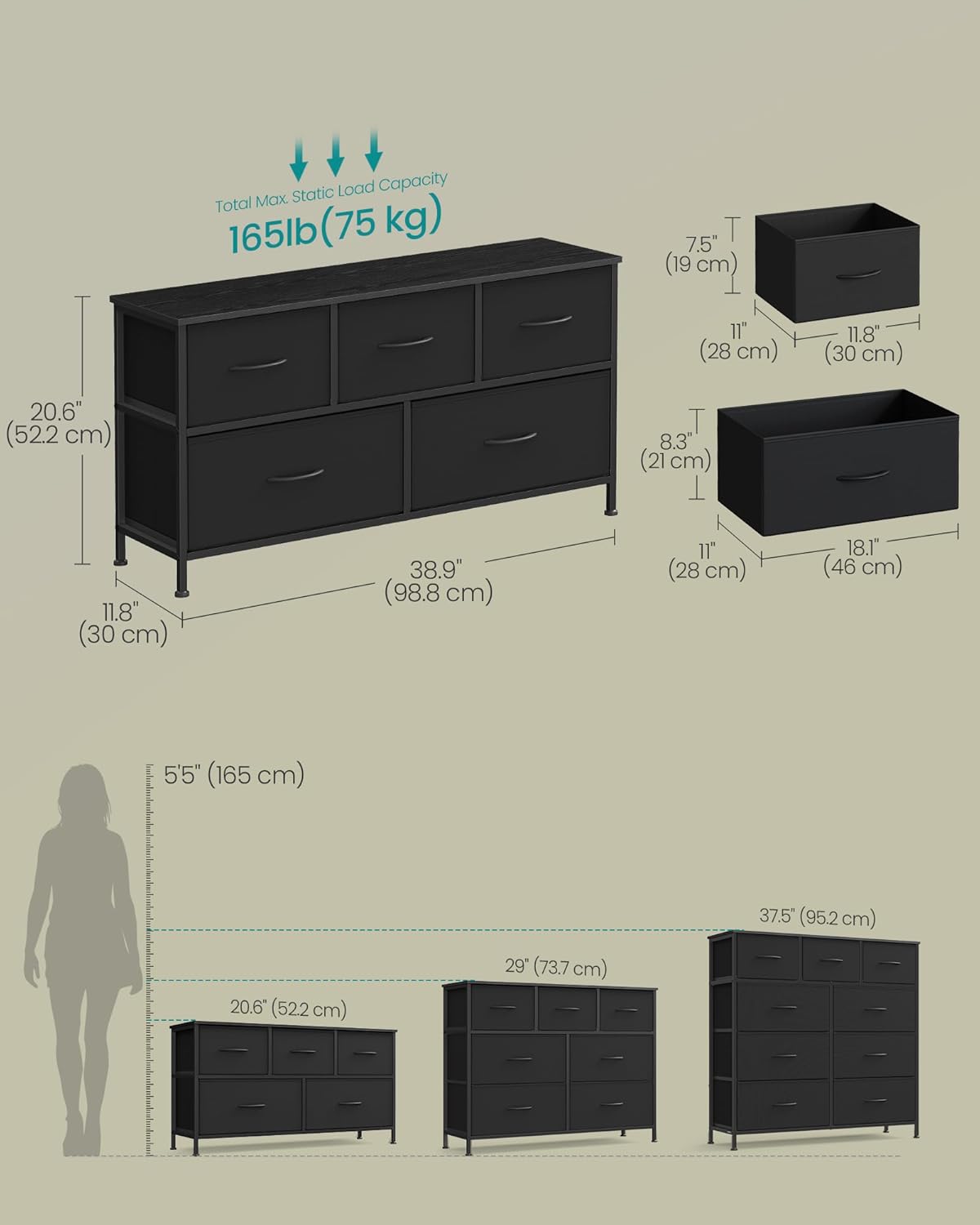 SONGMICS 5-Drawer Fabric Dresser, Steel Frame Chest, Versatile Storage Organizer