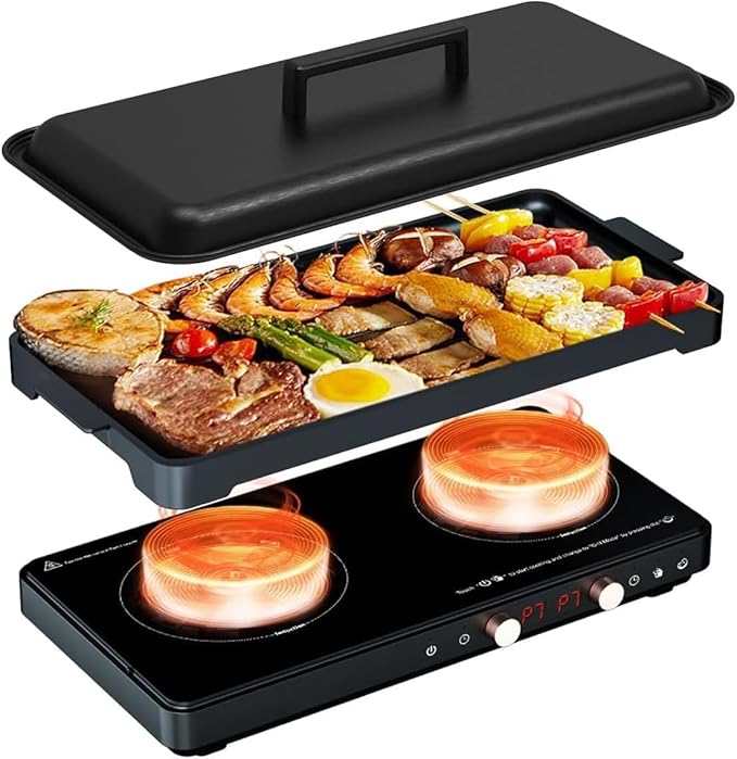 Portable Dual Induction Cooktop with Griddle Pan, Digital Timer Control
