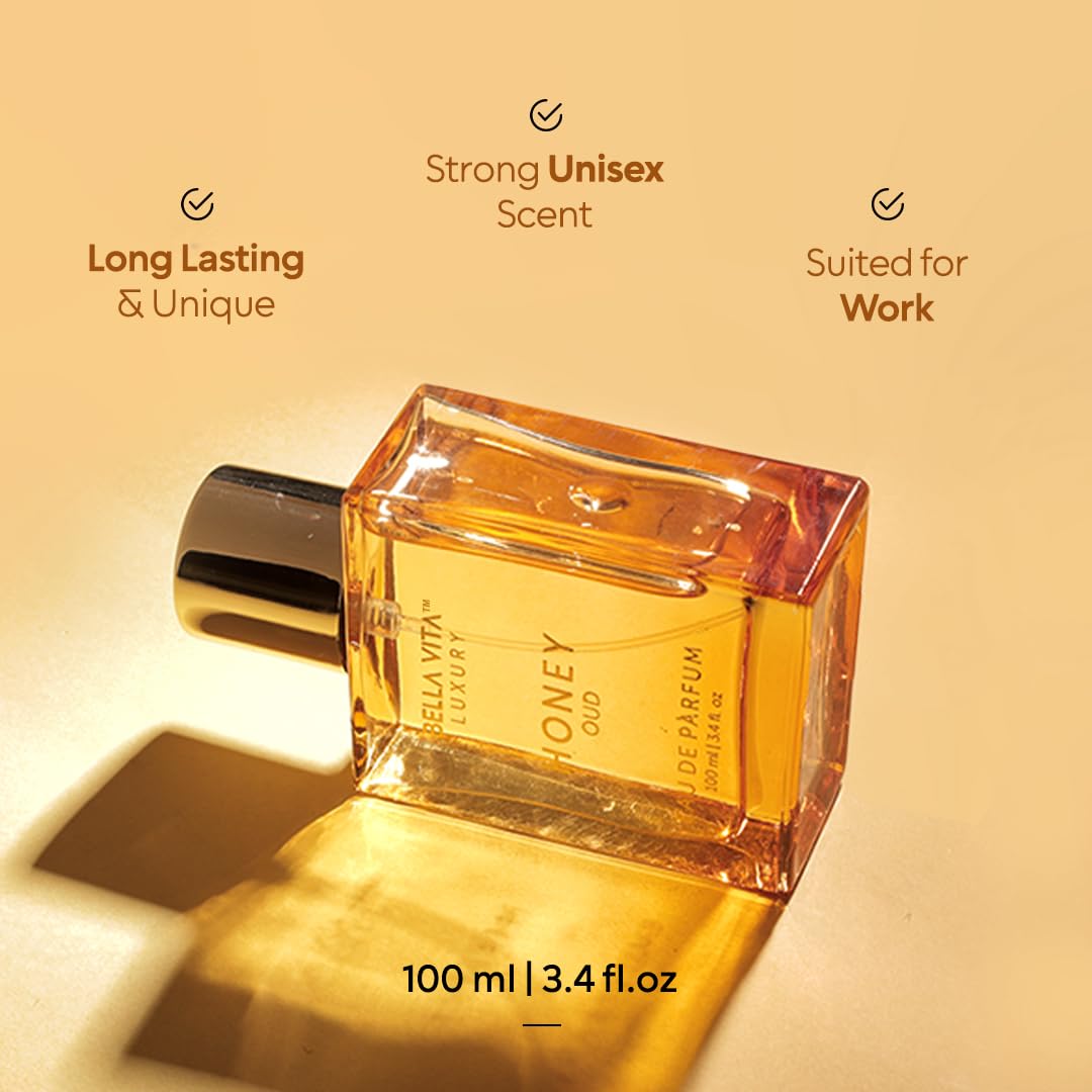 BellaVita Luxury Honey Oud Eau de Parfum (3.4 fl. oz.) | Patchouli, Vanilla, Bergamot, Floral & Spicy + Made with Clean & Vegan Essentials Oils + Cruelty Free | Long-Lasting Unisex Fragrance