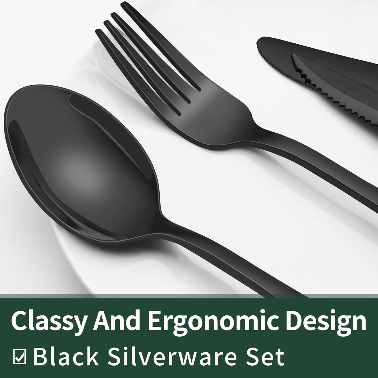Elegant 24-Piece Black Stainless Steel Flatware Set with Steak Knives for 4
