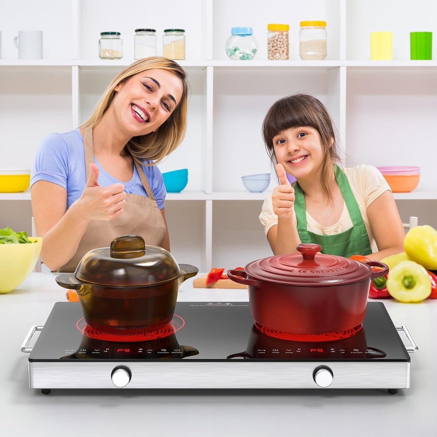VBGK Dual Electric Cooktop with Knob Control, Child Lock, Timer, 110V