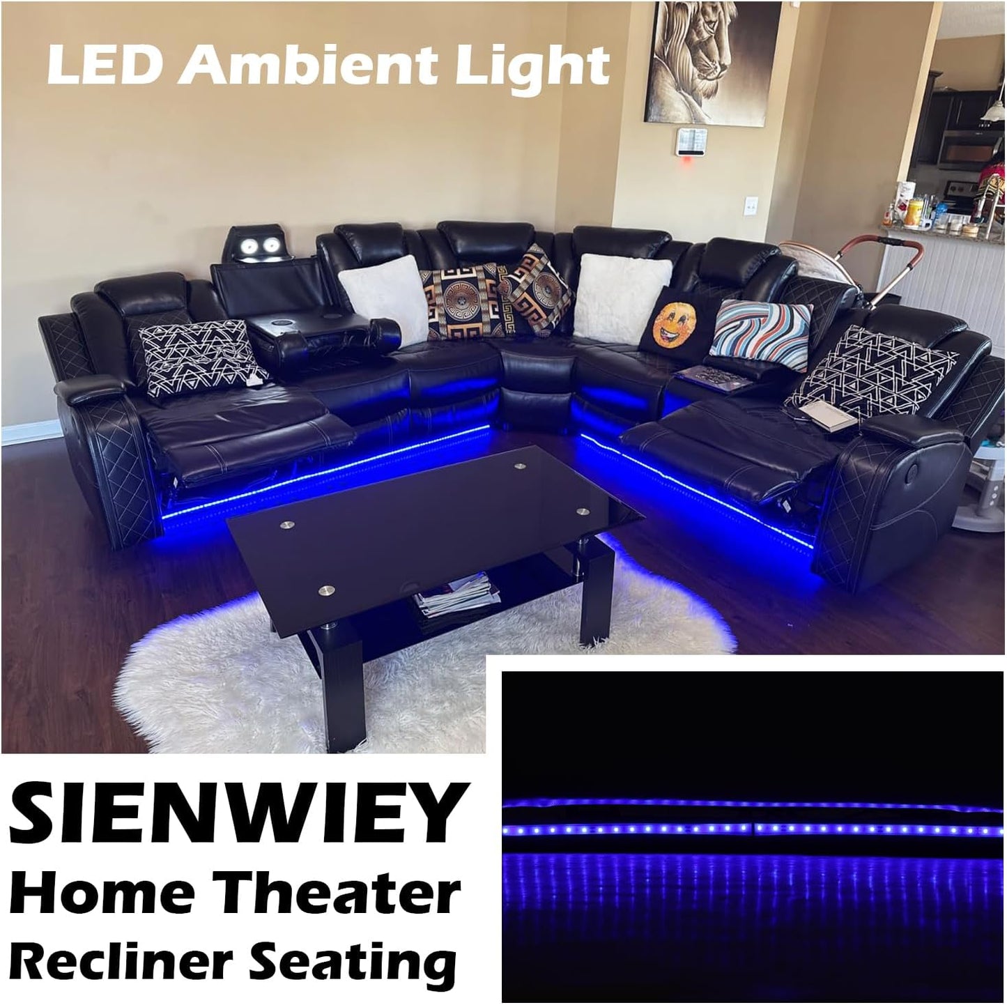 Luxurious Black Leather Sectional Sofa with Power Recline, LED Lights, Storage Ottoman