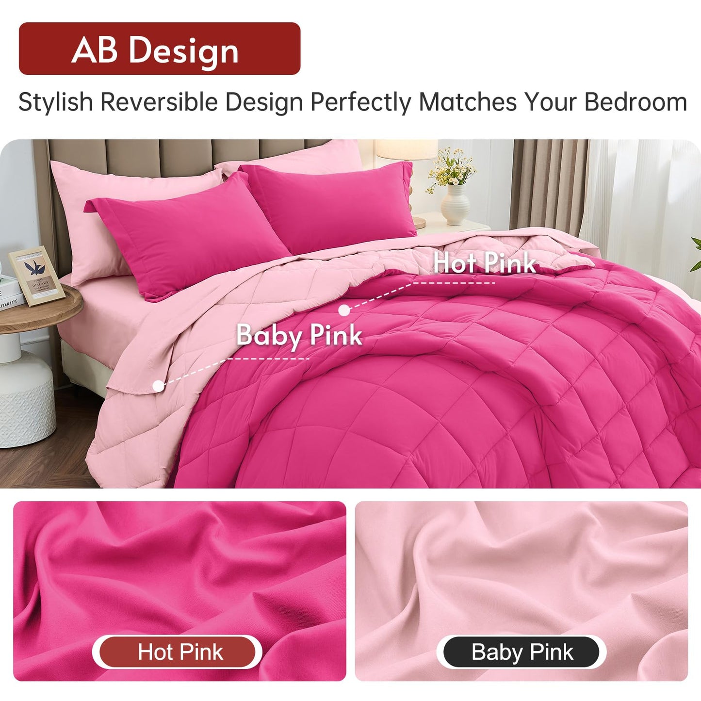MUXHOMO 5 Pieces Twin Comforter Set, Reversible Bed in a Bag Twin Size, All Season Bedding Set with Comforter, Flat Sheet, Fitted Sheet, Pillowcases & Shams, Hot Pink & Baby Pink