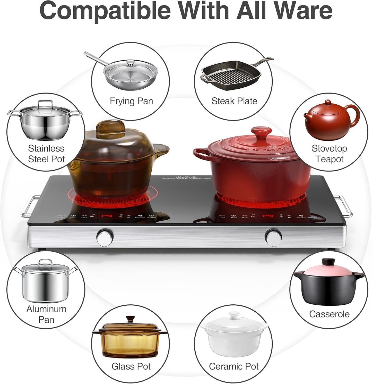 VBGK Dual Electric Cooktop with Knob Control, Child Lock, Timer, 110V
