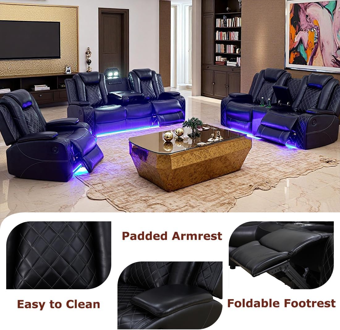 Modern 3-Piece Black Leather Power Recliner Sofa Set with LED & Console