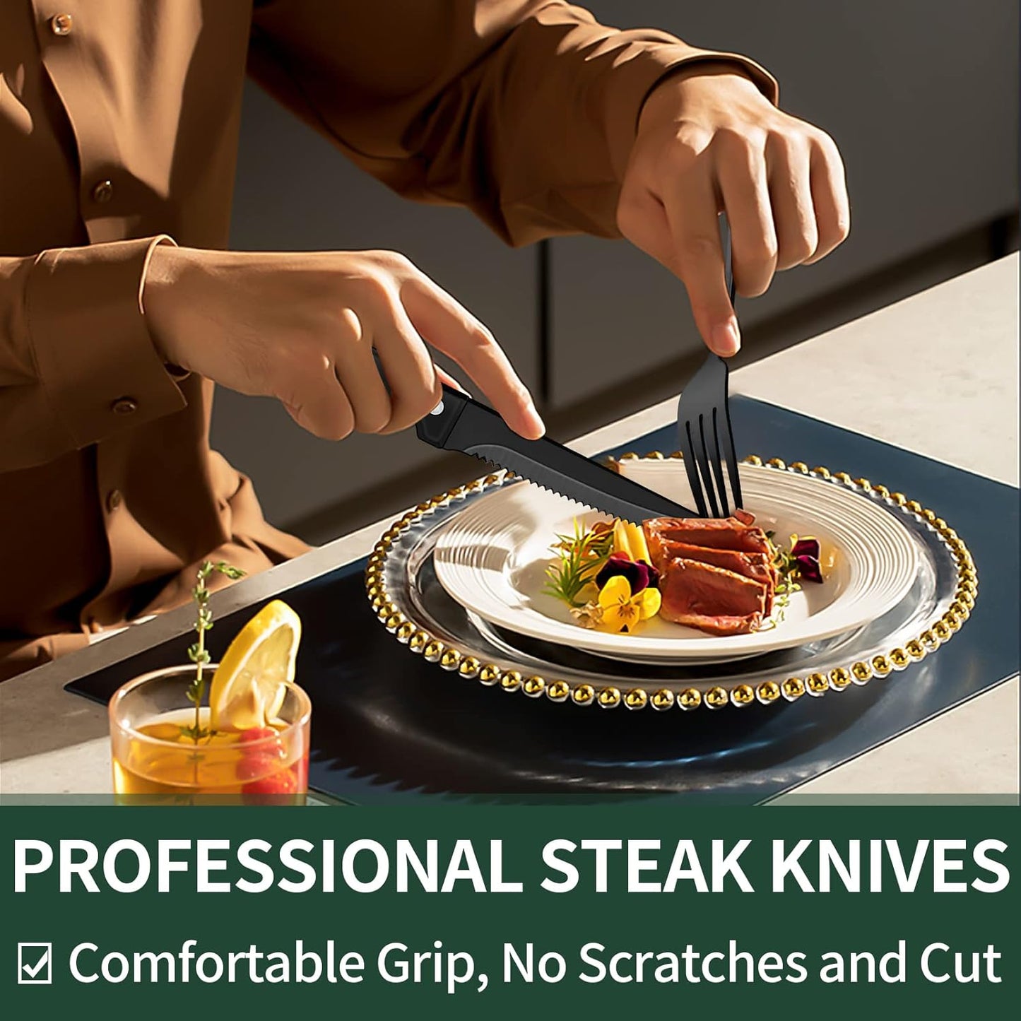 Elegant 24-Piece Black Stainless Steel Flatware Set with Steak Knives for 4