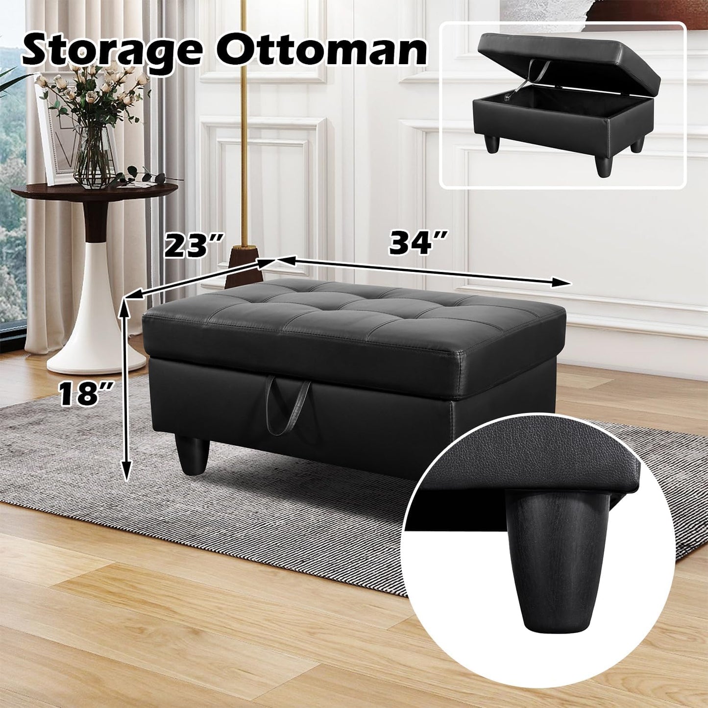 Luxurious Black Leather Sectional Sofa with Power Recline, LED Lights, Storage Ottoman