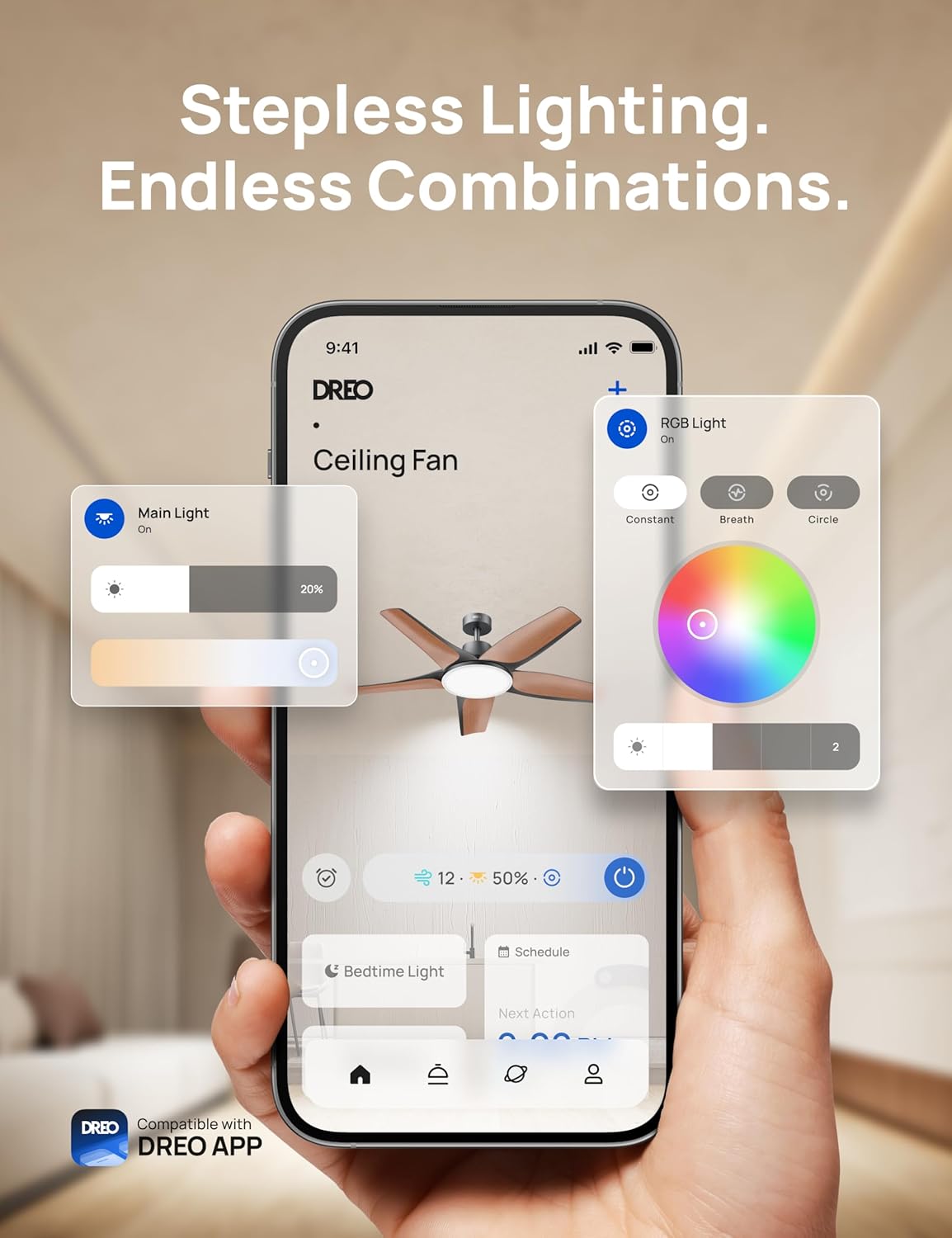 Dreo 52'' Smart Ceiling Fan, Dimmable RGB Lights, Alexa App, Quiet