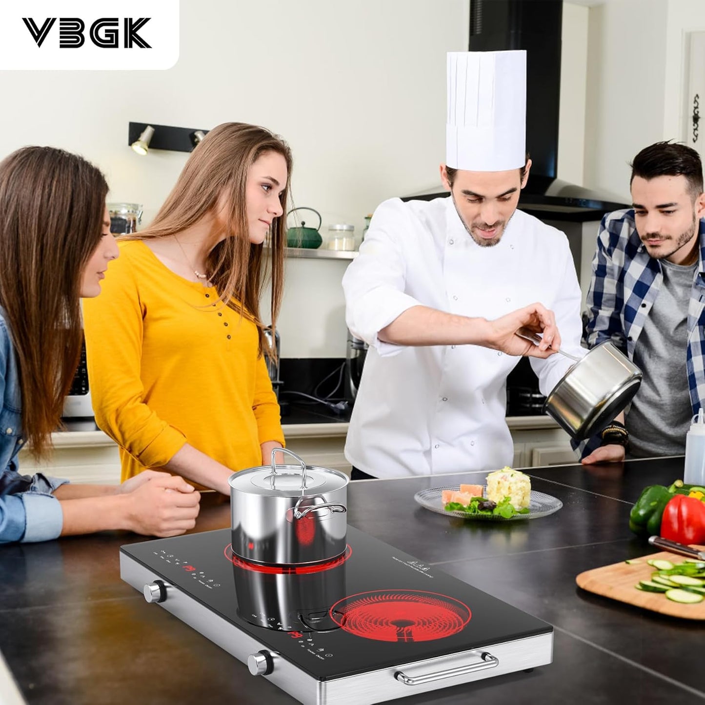 VBGK Dual Electric Cooktop with Knob Control, Child Lock, Timer, 110V