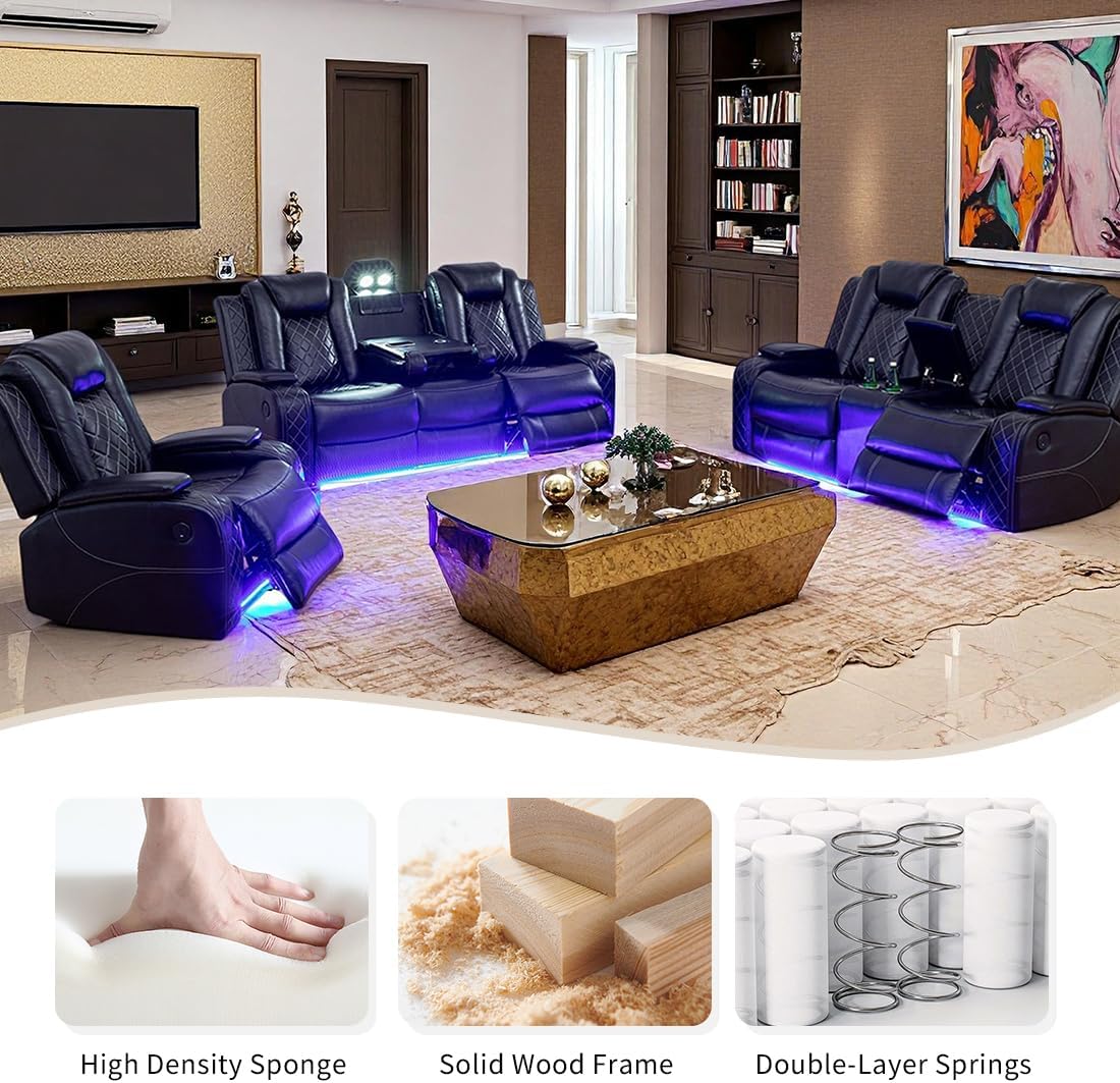 Modern 3-Piece Black Leather Power Recliner Sofa Set with LED & Console