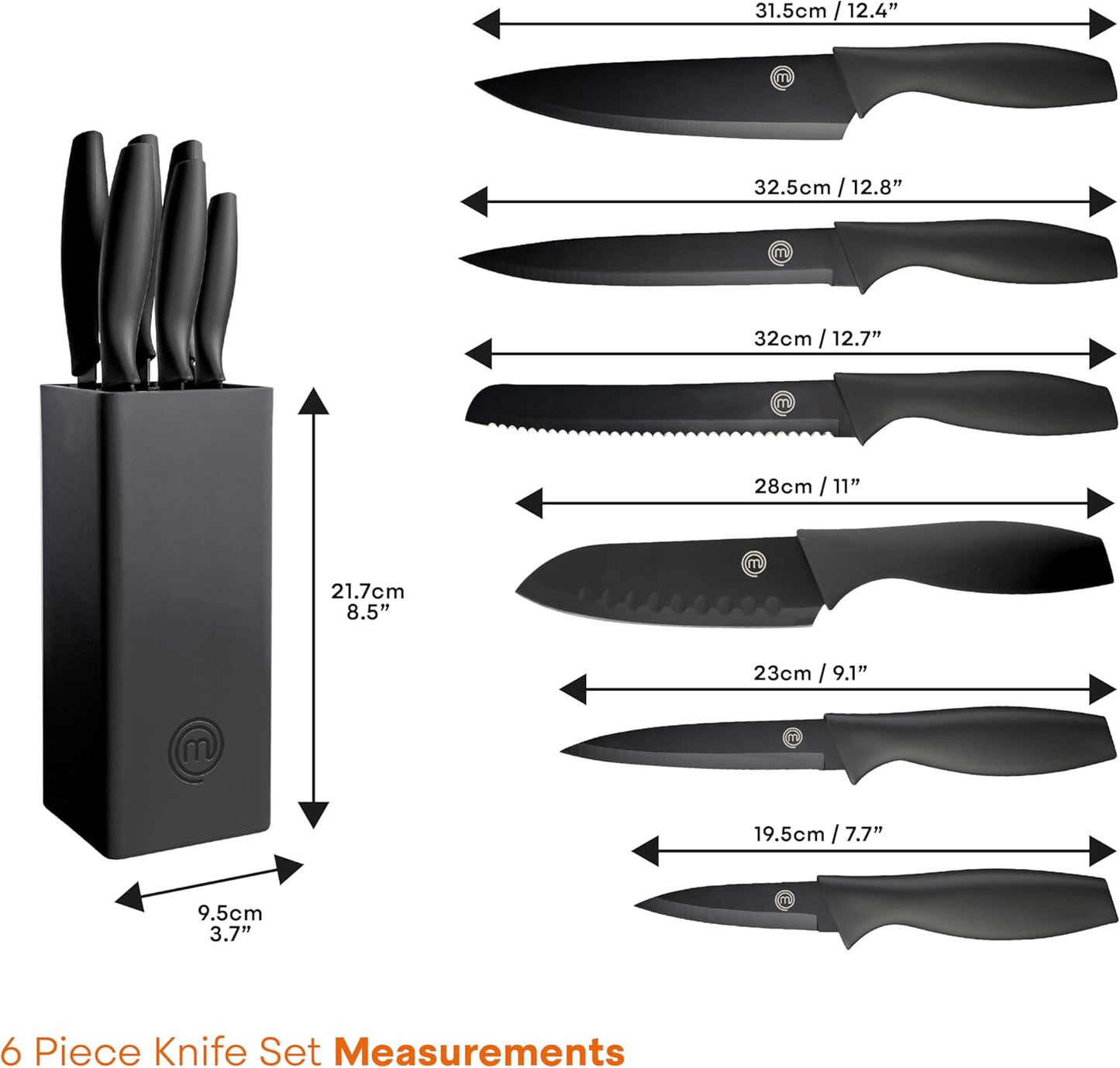 MasterChef 6-Piece Kitchen Knife Set with Block, Non-Stick Stainless Steel Blades