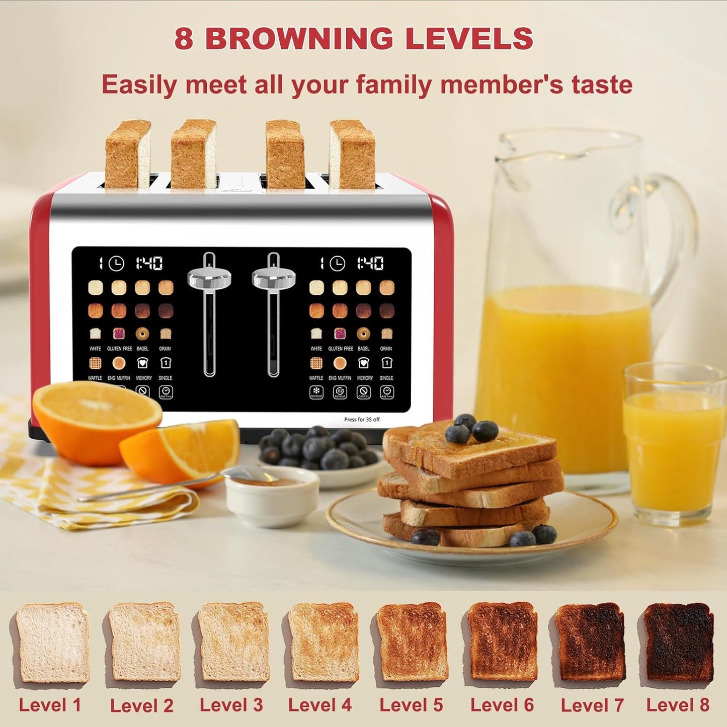 Smart 4-Slice Touchscreen Toaster: Dual Control, 8 Shades, 6 Bread Types, 1650W