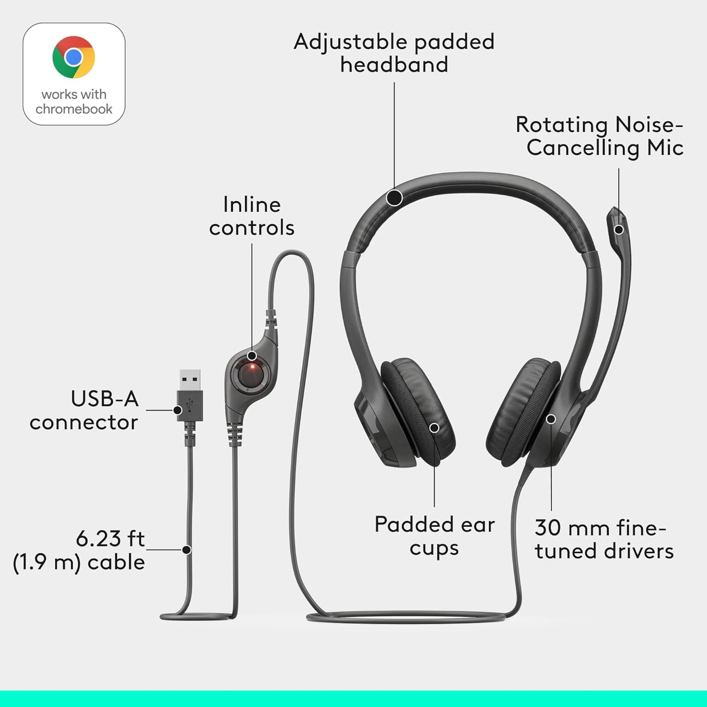 Logitech H390 Wired USB Headset with Noise-Cancelling Mic for PC Gaming & Meetings