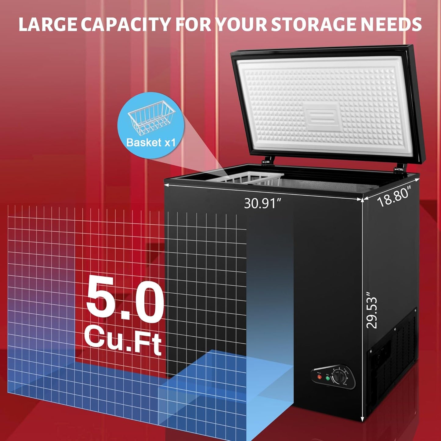 Rosmena Black 5.0 Cu. Ft. Compact Chest Freezer, Removable Basket, Quiet Operation