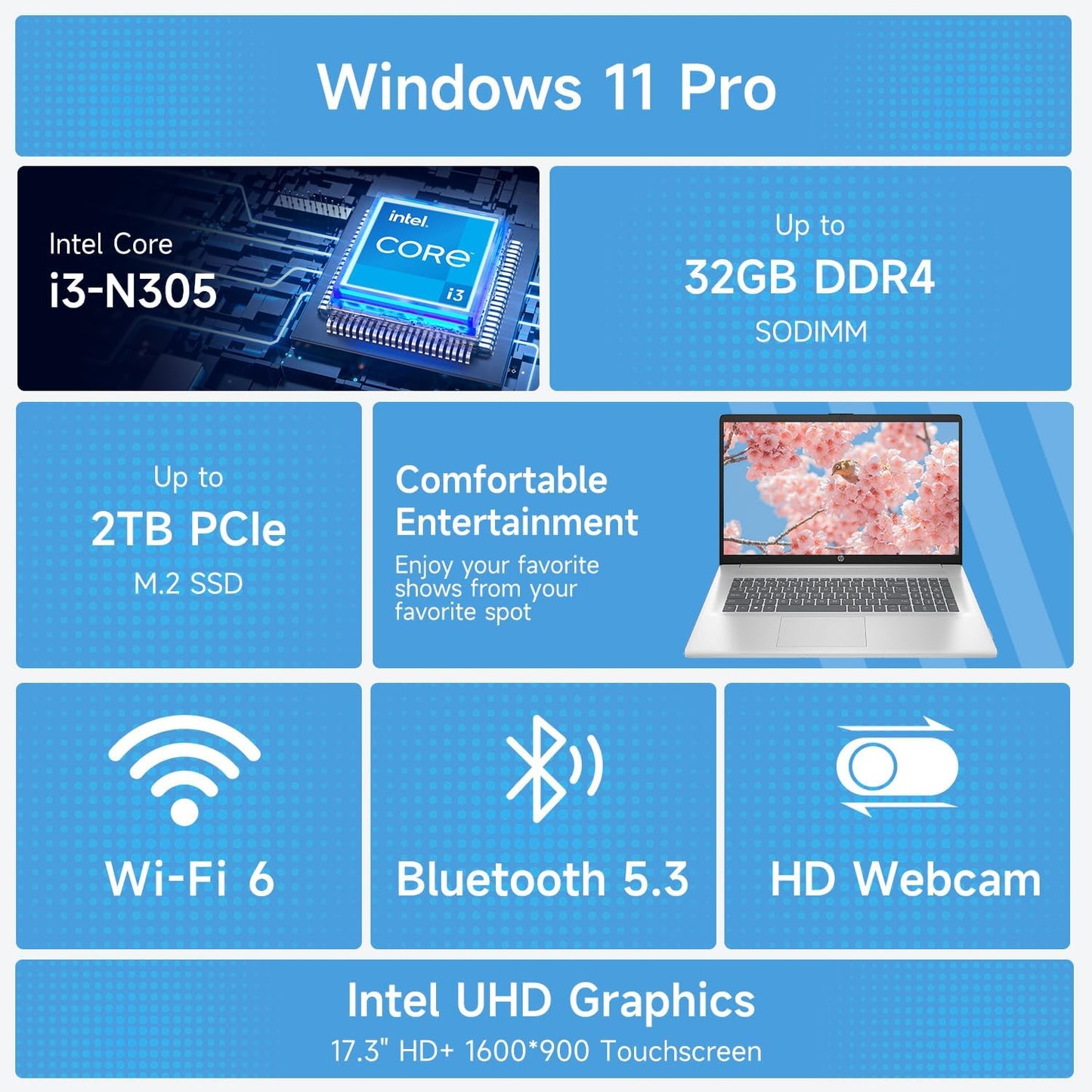 HP 17.3" HD+ Touchscreen Laptop, Intel i3, 32GB RAM, 2TB SSD