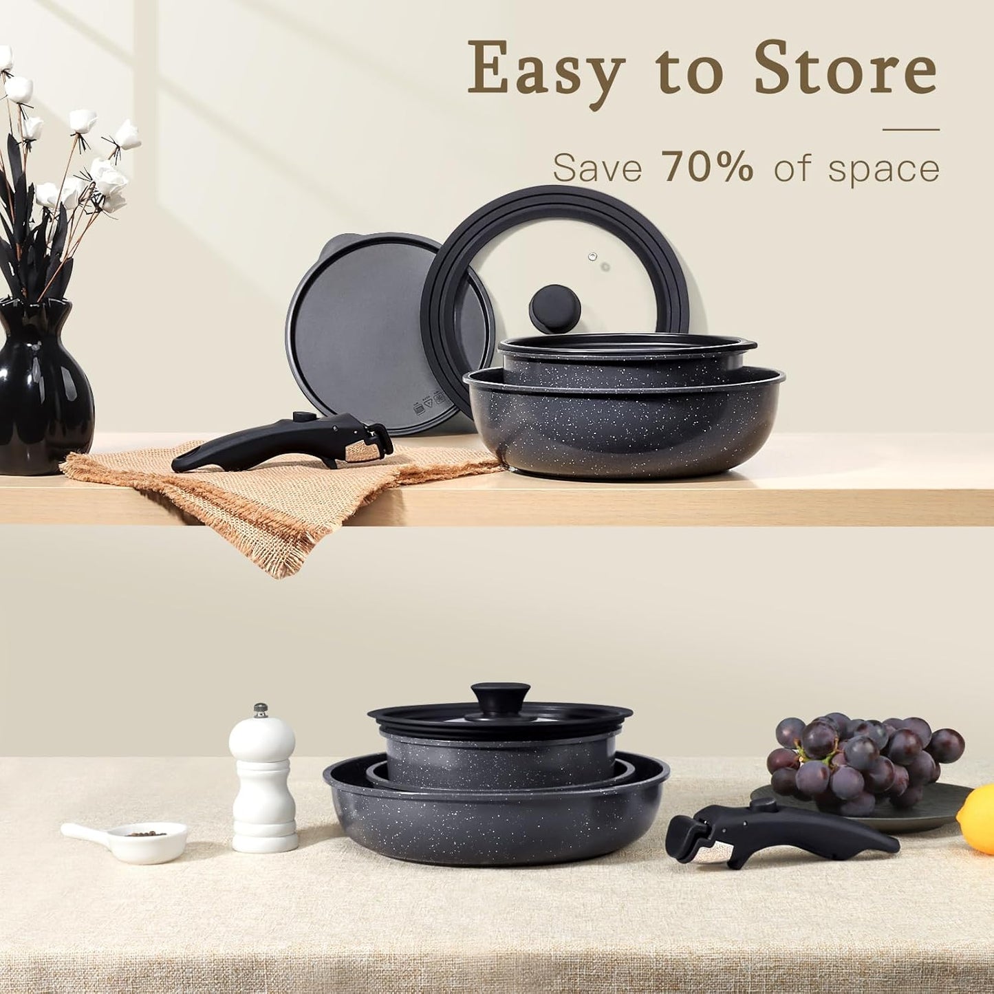 GiPP Healthy 15-Piece Ceramic Non-Stick Cookware Set with Detachable Handles