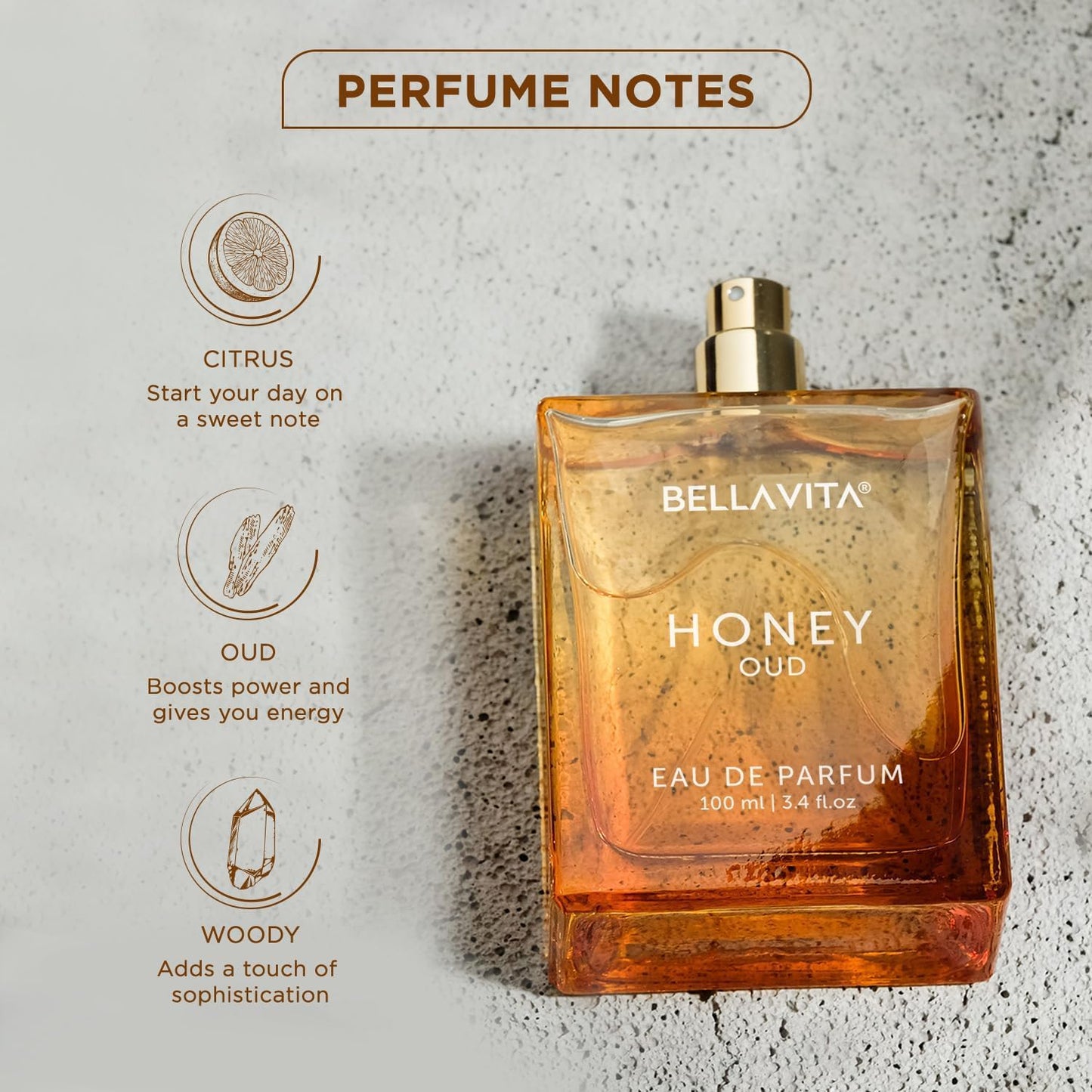 BellaVita Luxury Honey Oud Eau de Parfum (3.4 fl. oz.) | Patchouli, Vanilla, Bergamot, Floral & Spicy + Made with Clean & Vegan Essentials Oils + Cruelty Free | Long-Lasting Unisex Fragrance