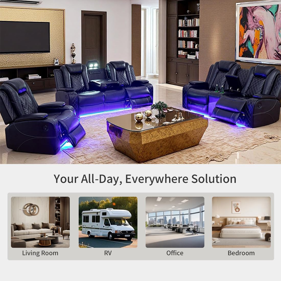 Modern 3-Piece Black Leather Power Recliner Sofa Set with LED & Console