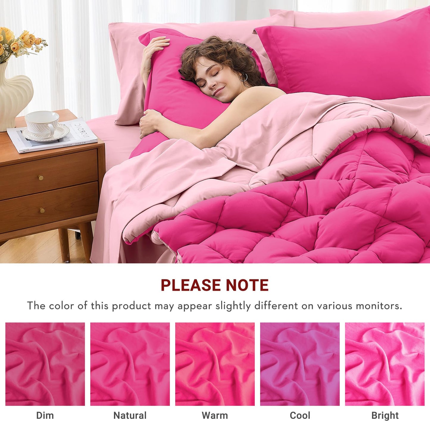 MUXHOMO 5 Pieces Twin Comforter Set, Reversible Bed in a Bag Twin Size, All Season Bedding Set with Comforter, Flat Sheet, Fitted Sheet, Pillowcases & Shams, Hot Pink & Baby Pink
