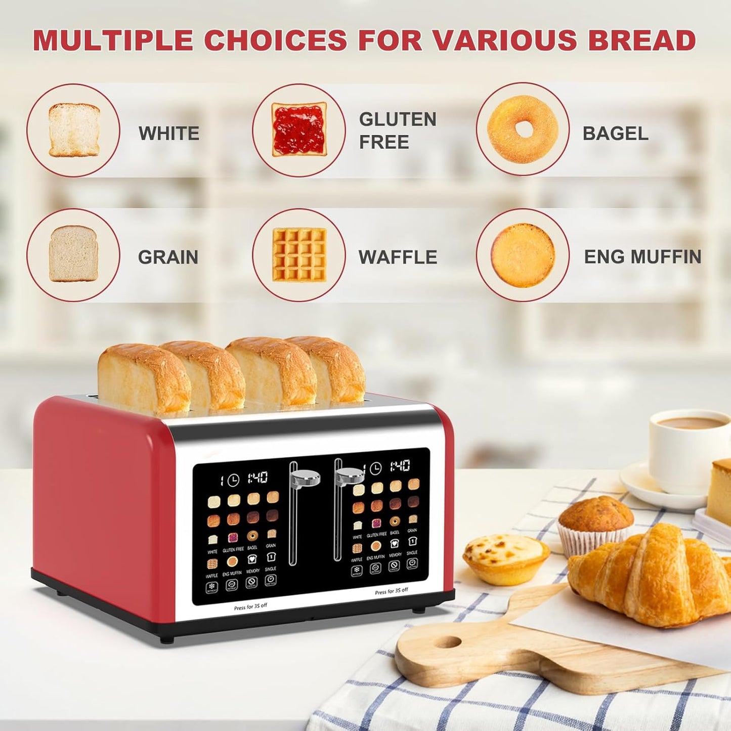 Smart 4-Slice Touchscreen Toaster: Dual Control, 8 Shades, 6 Bread Types, 1650W