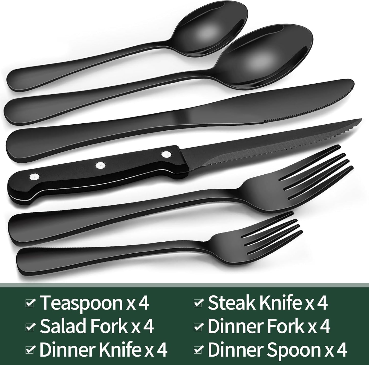Elegant 24-Piece Black Stainless Steel Flatware Set with Steak Knives for 4
