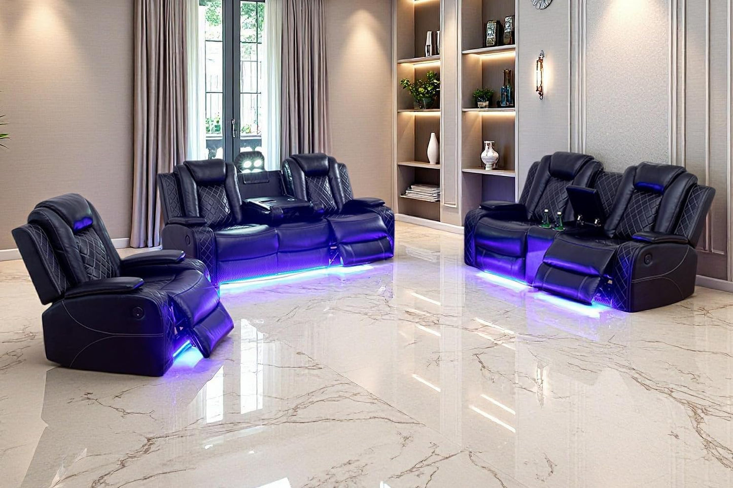 Modern 3-Piece Black Leather Power Recliner Sofa Set with LED & Console