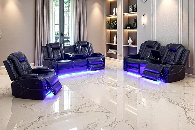 Modern 3-Piece Black Leather Power Recliner Sofa Set with LED & Console