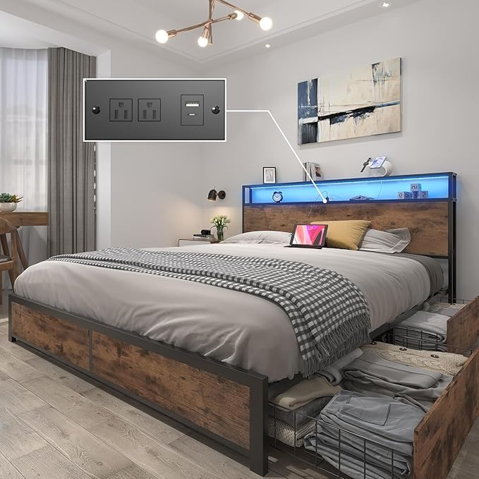 Queen Metal Bed Frame with Storage Headboard, LED Lights, Charging, Four Drawers