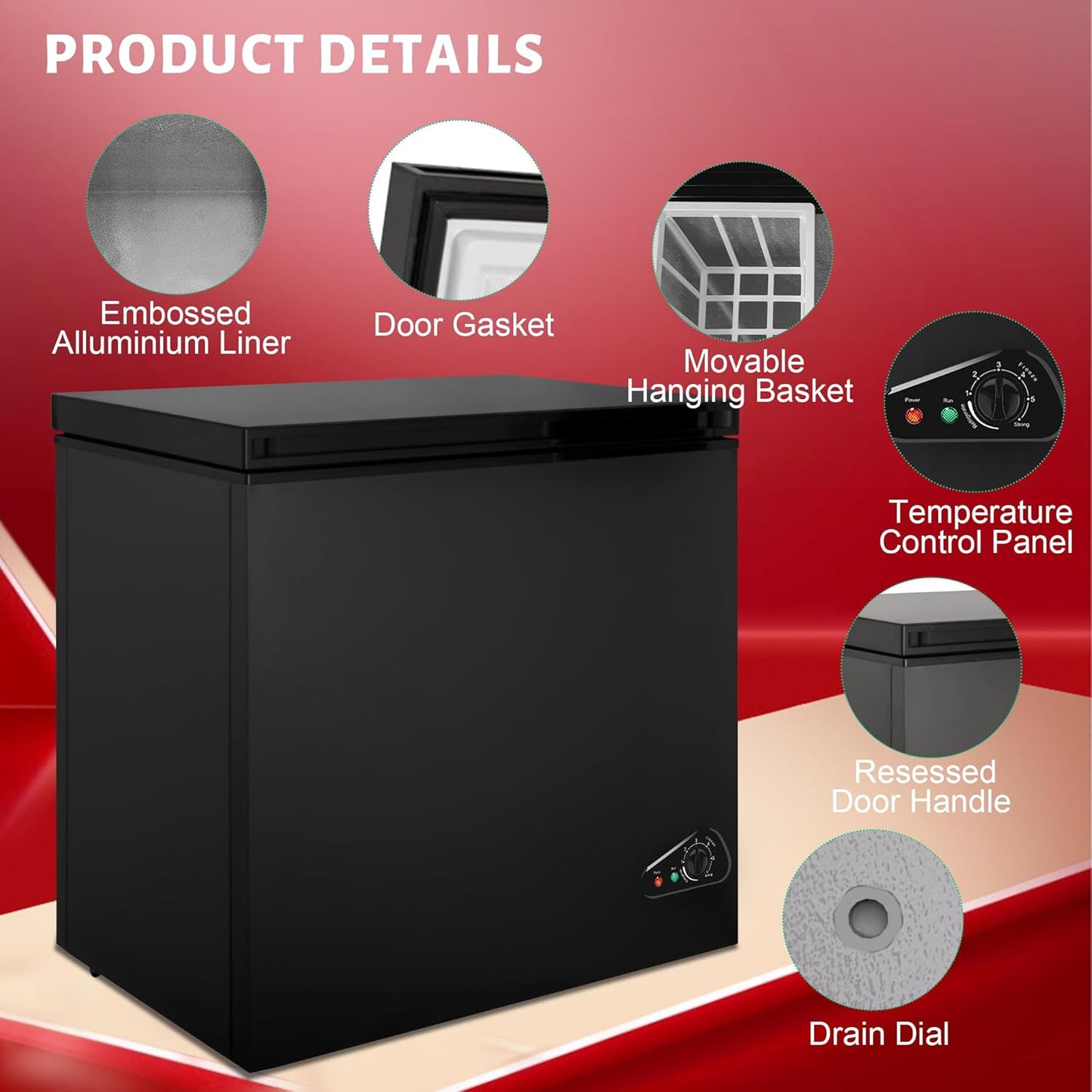 Rosmena Black 5.0 Cu. Ft. Compact Chest Freezer, Removable Basket, Quiet Operation