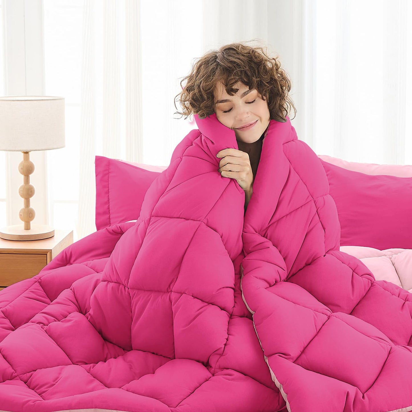 MUXHOMO 5 Pieces Twin Comforter Set, Reversible Bed in a Bag Twin Size, All Season Bedding Set with Comforter, Flat Sheet, Fitted Sheet, Pillowcases & Shams, Hot Pink & Baby Pink