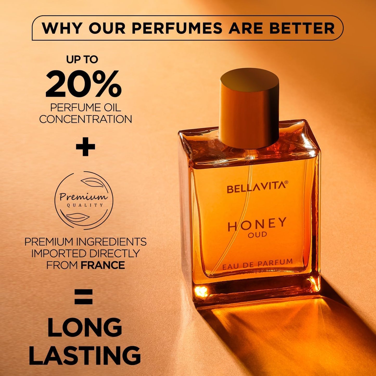 BellaVita Luxury Honey Oud Eau de Parfum (3.4 fl. oz.) | Patchouli, Vanilla, Bergamot, Floral & Spicy + Made with Clean & Vegan Essentials Oils + Cruelty Free | Long-Lasting Unisex Fragrance