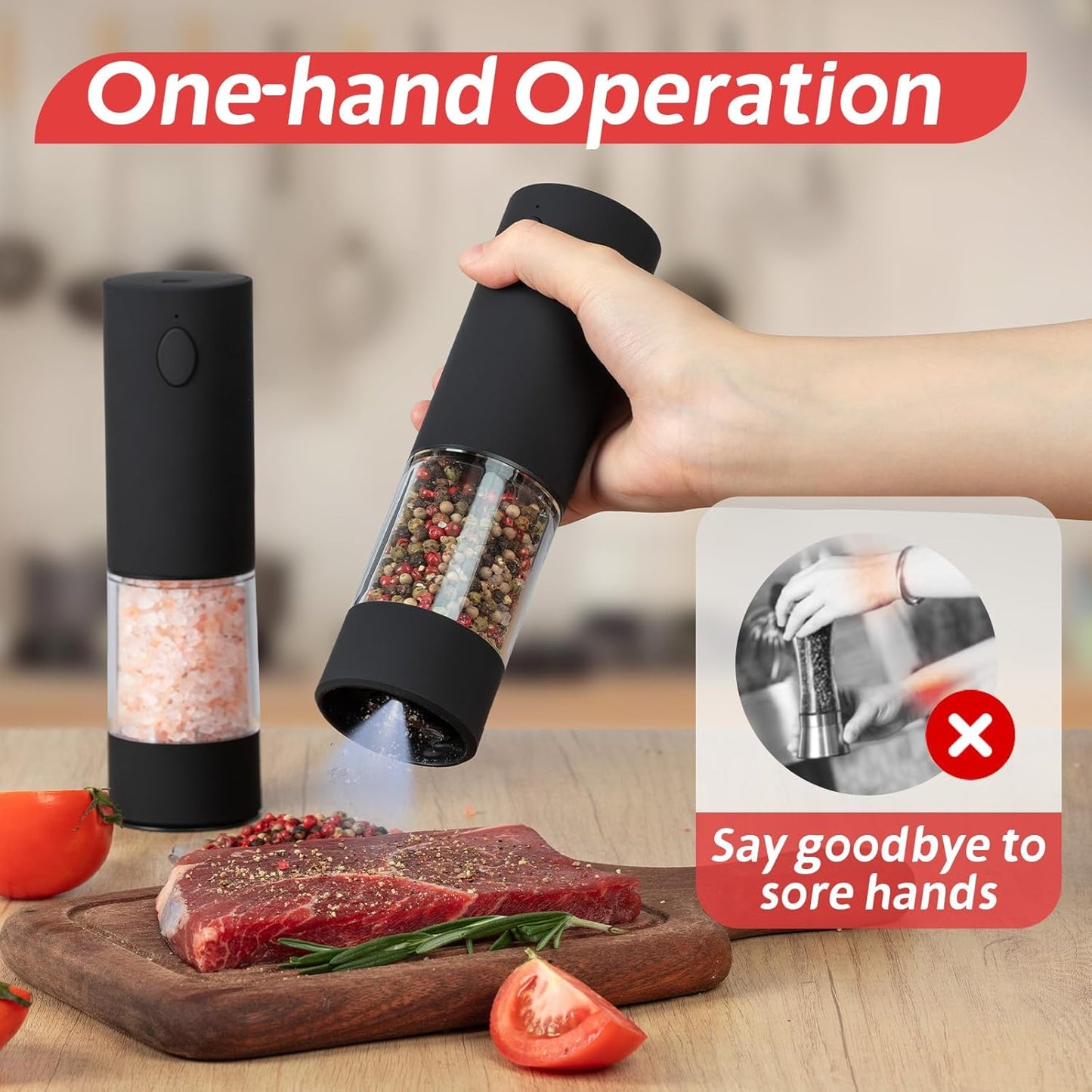 OPIIV USB Rechargeable Electric Salt Pepper Grinder Set with LED