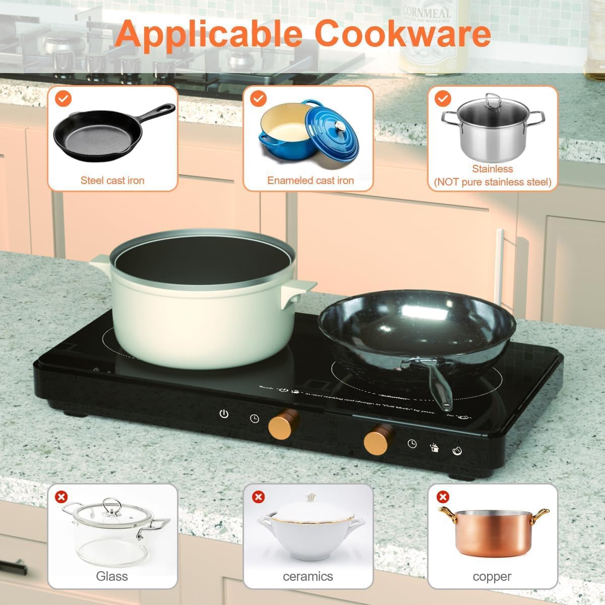 Portable Dual Induction Cooktop with Griddle Pan, Digital Timer Control