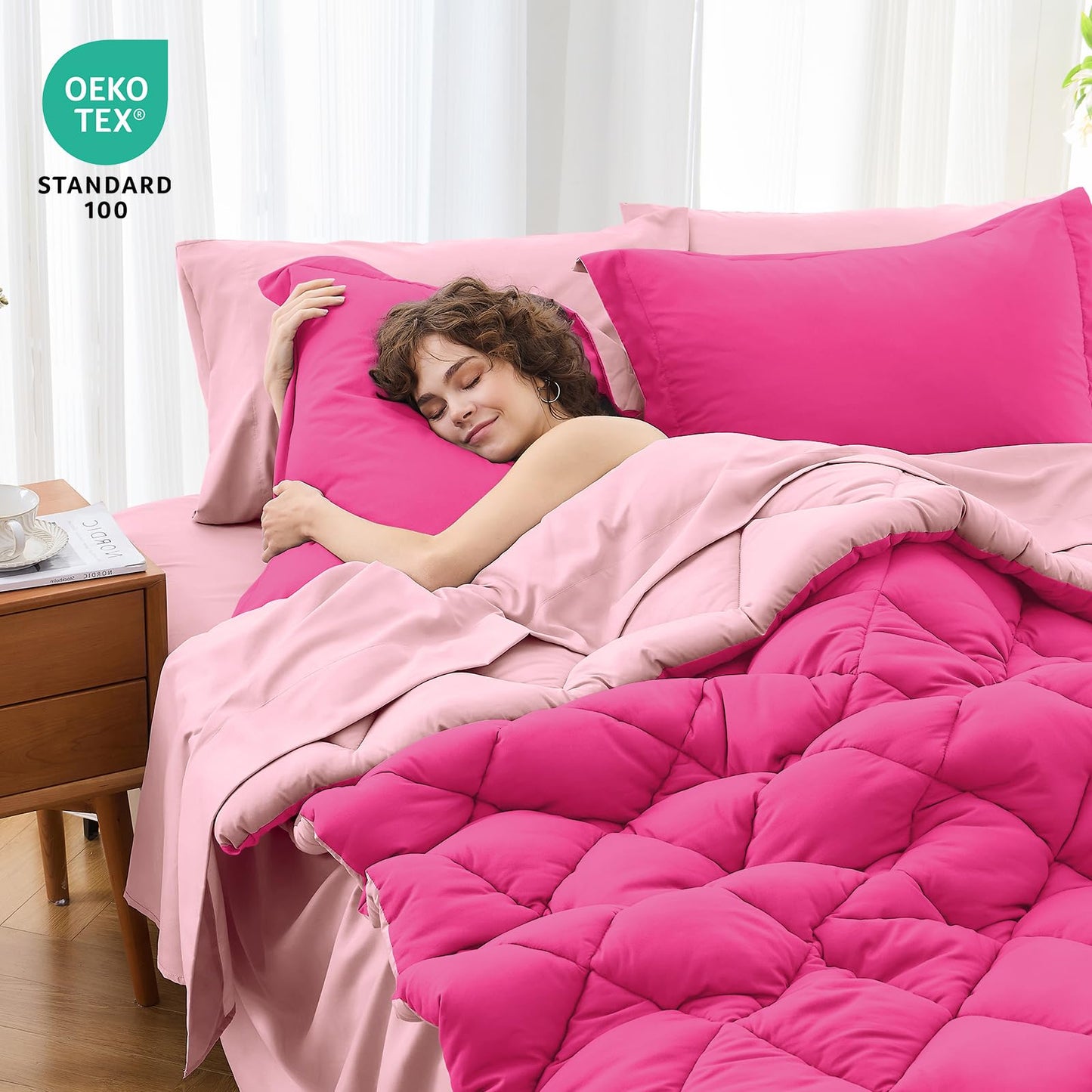 MUXHOMO 5 Pieces Twin Comforter Set, Reversible Bed in a Bag Twin Size, All Season Bedding Set with Comforter, Flat Sheet, Fitted Sheet, Pillowcases & Shams, Hot Pink & Baby Pink