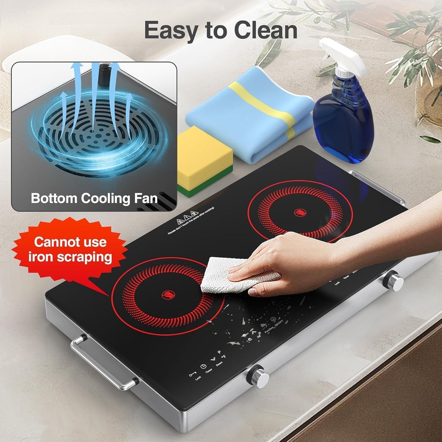 VBGK Dual Electric Cooktop with Knob Control, Child Lock, Timer, 110V
