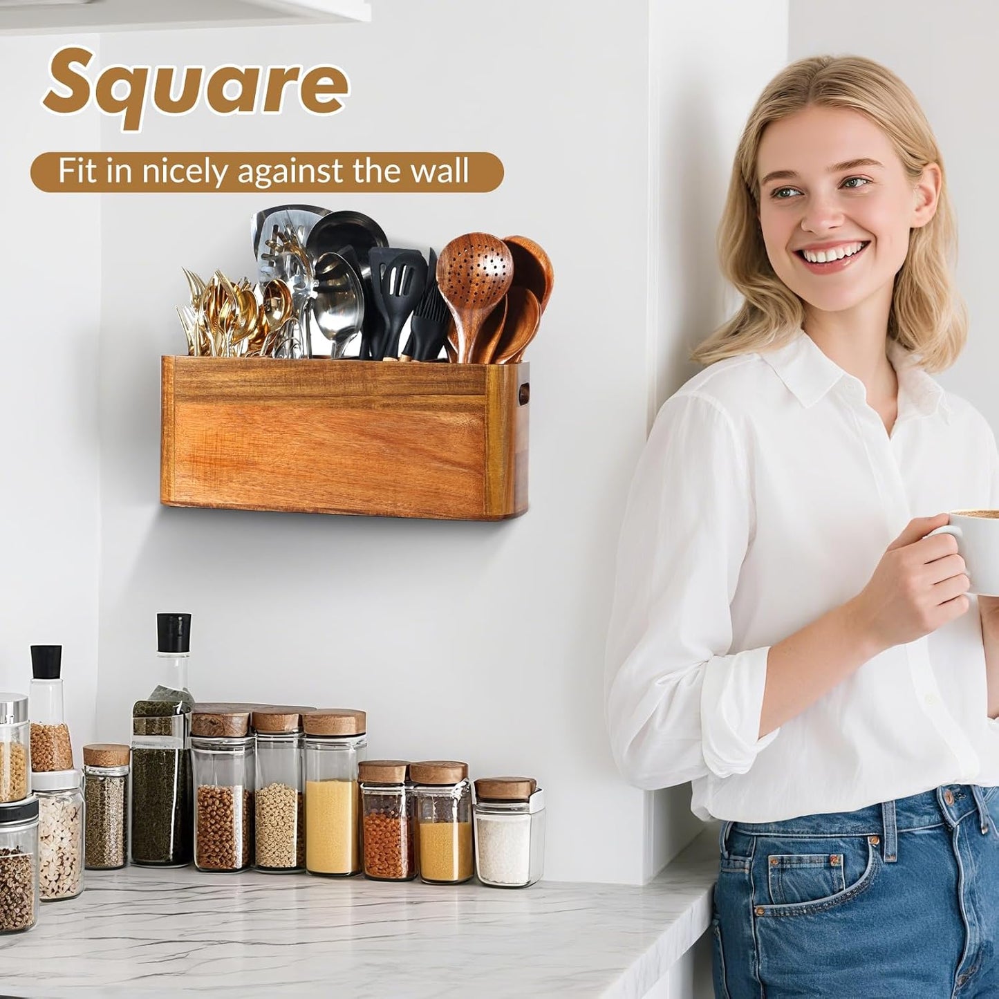 Premium Acacia Wood Utensil Holder Countertop Organizer with 4 Adjustable Compartments