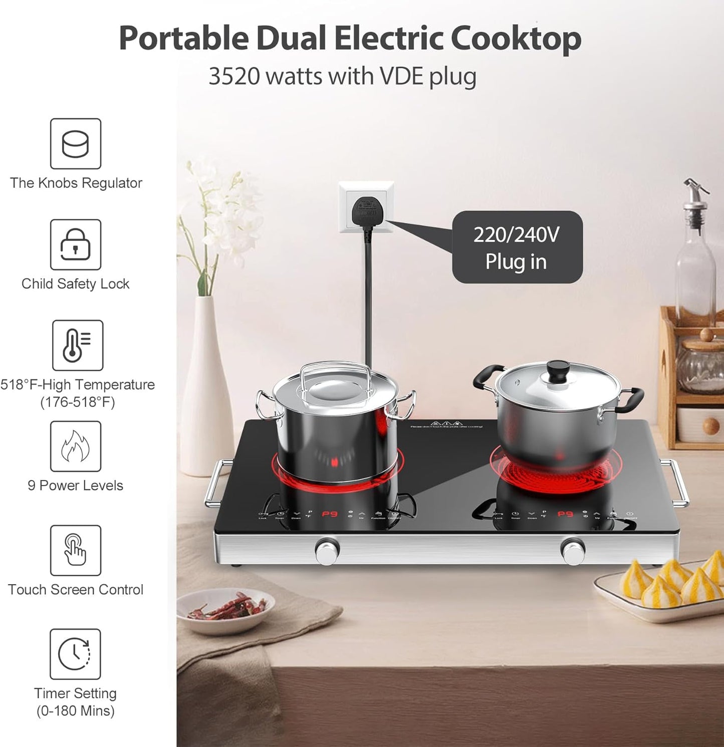 VBGK Dual Electric Cooktop with Knob Control, Child Lock, Timer, 110V