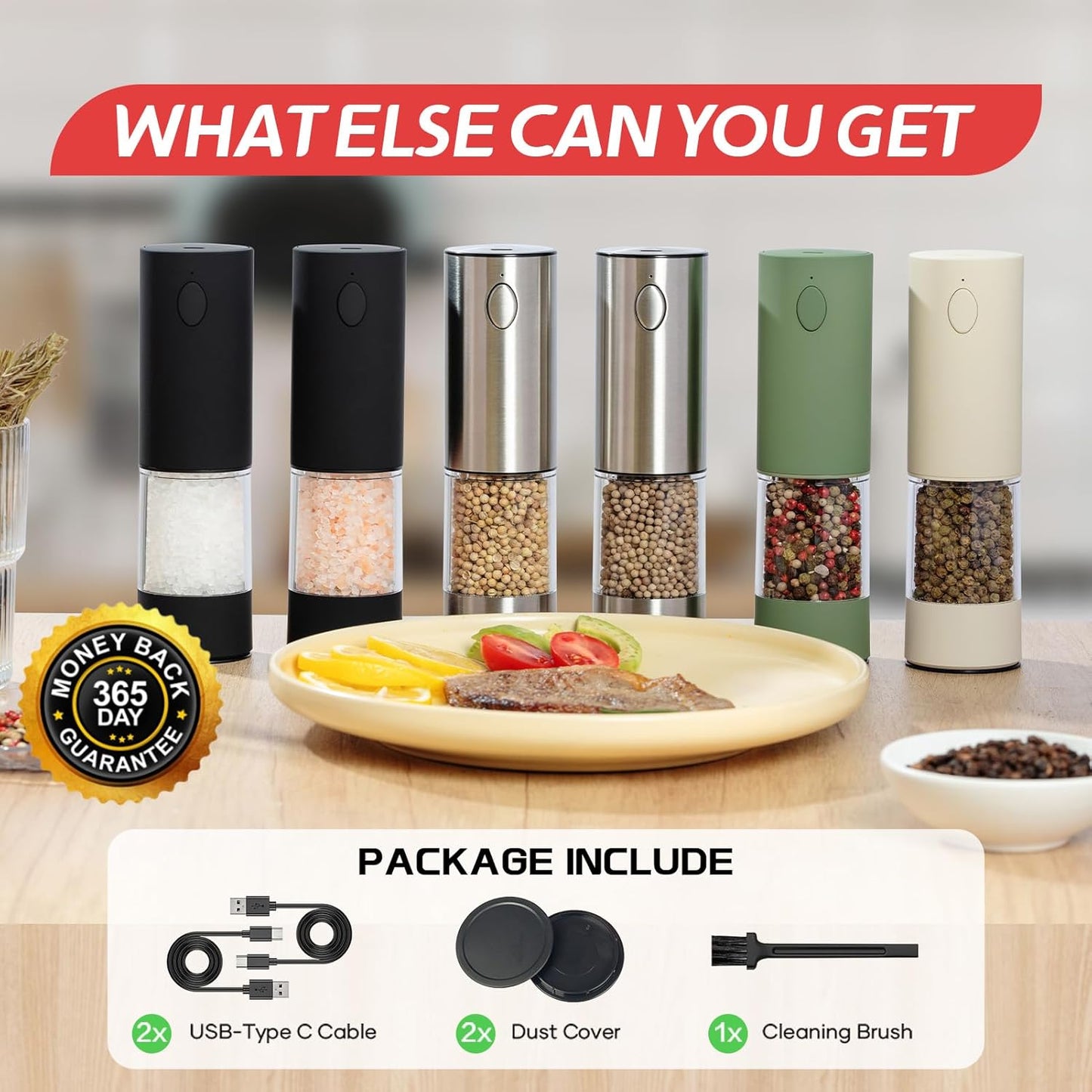 OPIIV USB Rechargeable Electric Salt Pepper Grinder Set with LED
