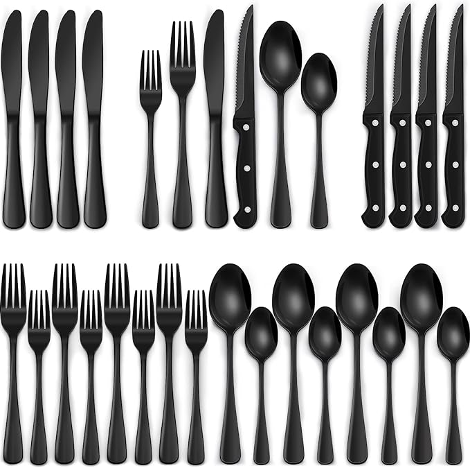 Elegant 24-Piece Black Stainless Steel Flatware Set with Steak Knives for 4