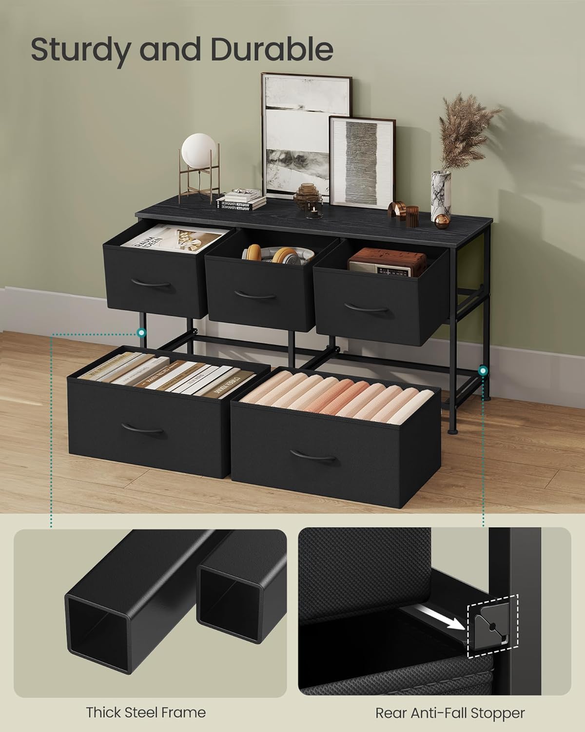 SONGMICS 5-Drawer Fabric Dresser, Steel Frame Chest, Versatile Storage Organizer