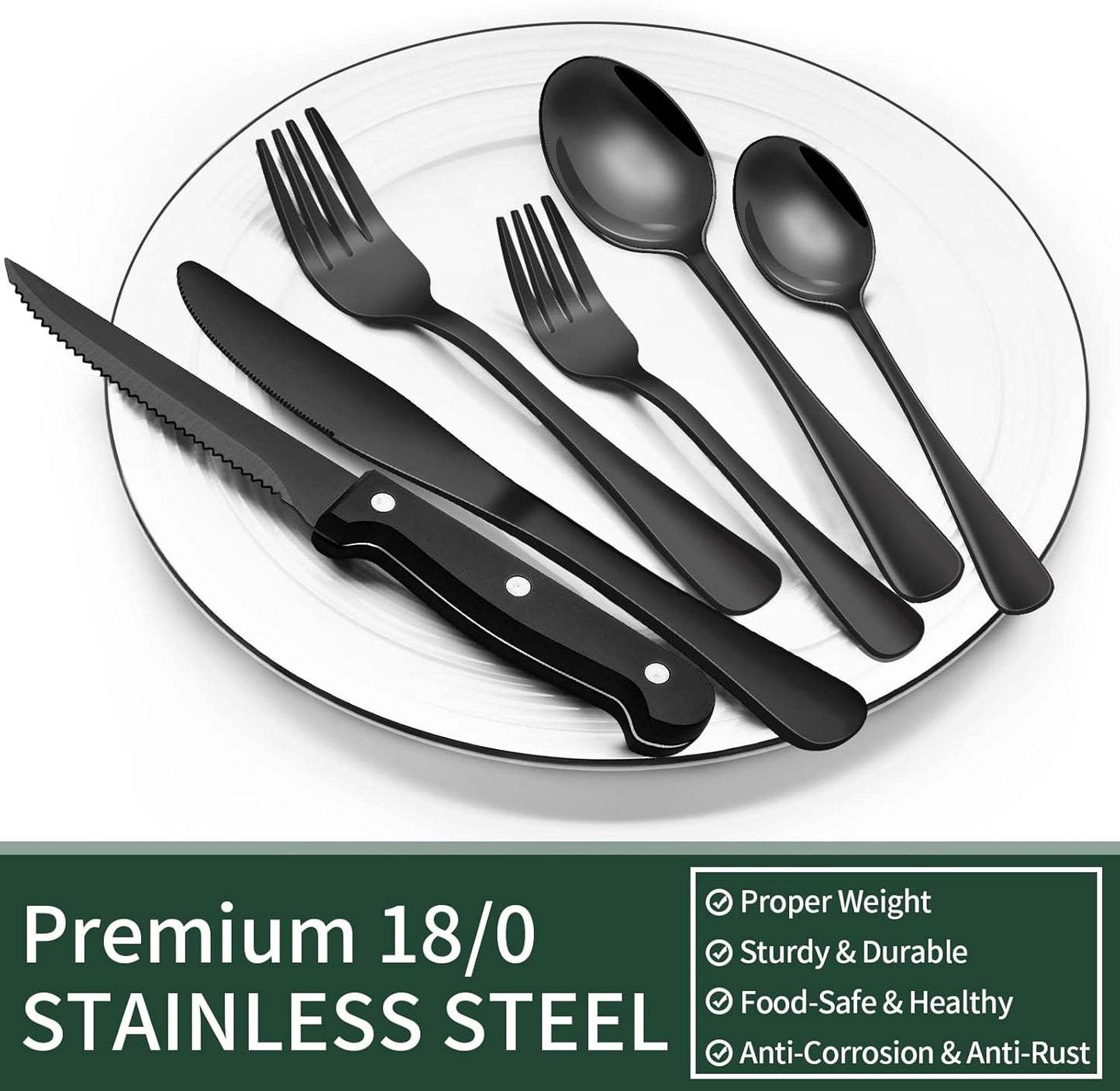 Elegant 24-Piece Black Stainless Steel Flatware Set with Steak Knives for 4