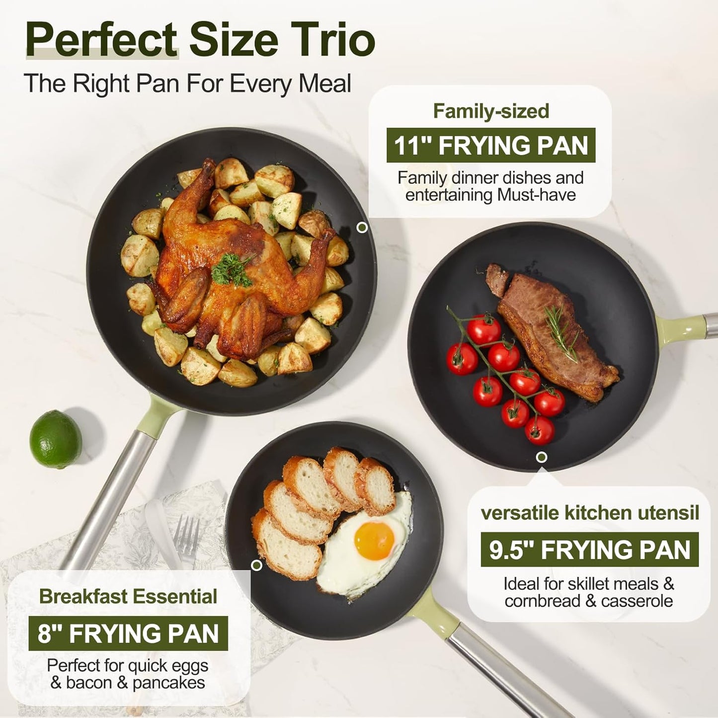 KOKHUB Non-Toxic Titanium Enameled 3-Piece Cast Iron Skillet Set, Sage Green